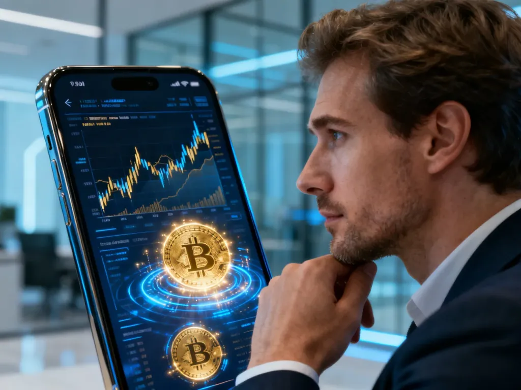 Mężczyzna zamyślony nad wykresami giełdowymi i kryptowalutami na ekranie smartfona w nowoczesnym biurze.