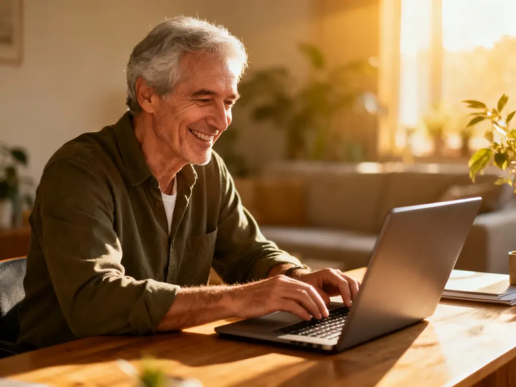Uśmiechnięty senior korzystający z laptopa w przytulnym domowym biurze, planujący swoją emeryturę.