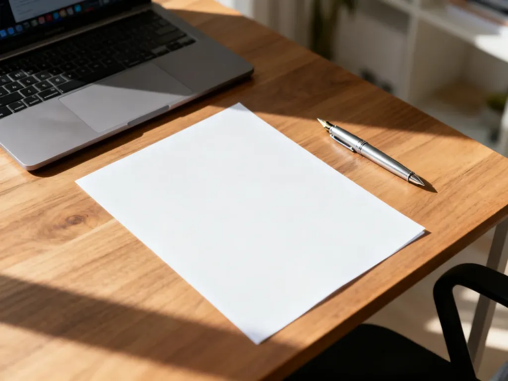 Minimalistyczne biurko z czystą kartką papieru, laptopem i piórem, symbolizujące przygotowanie profesjonalnego CV.
