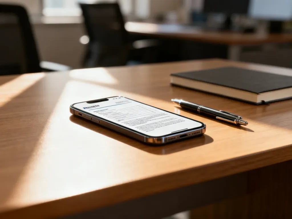 Nowoczesny smartfon z otwartym wzorem CV na drewnianym biurku, symbolizujący wygodne tworzenie dokumentów aplikacyjnych.