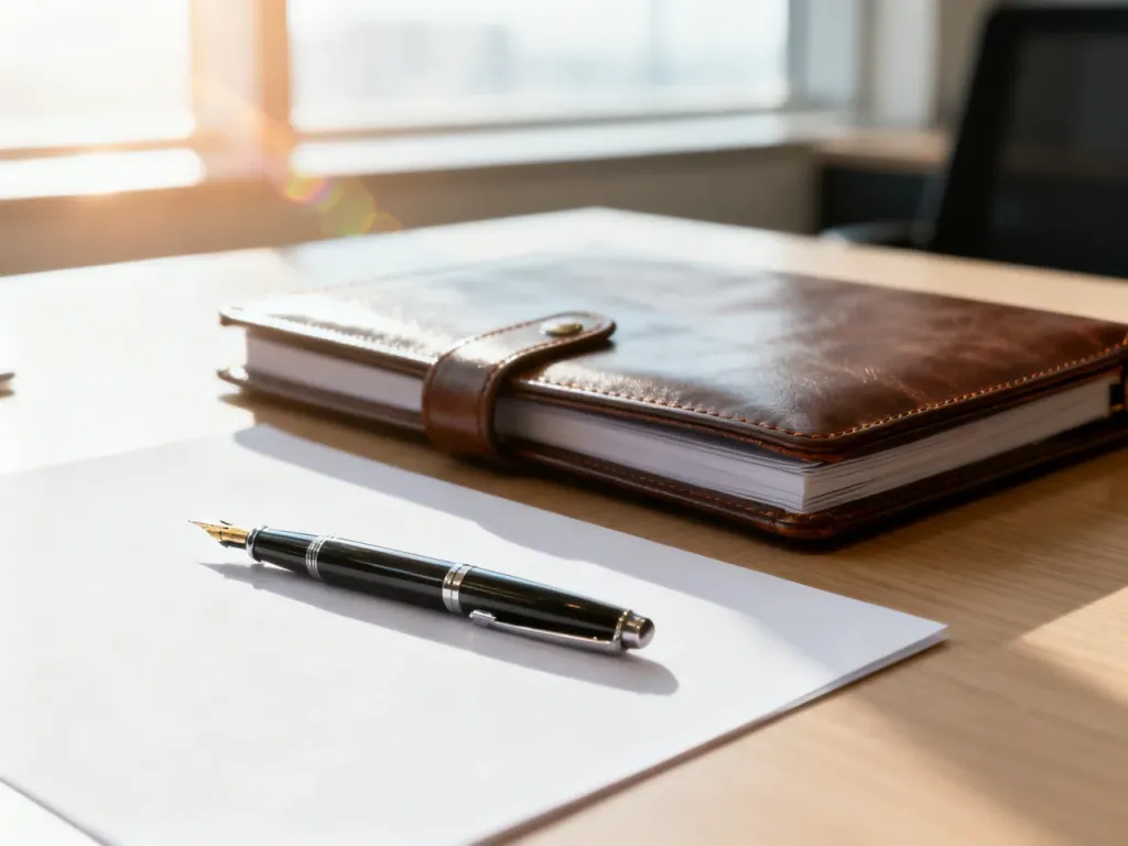 Eleganckie skórzane portfolio i pióro na biurku, symbolizujące profesjonalne przygotowanie dokumentów aplikacyjnych.
