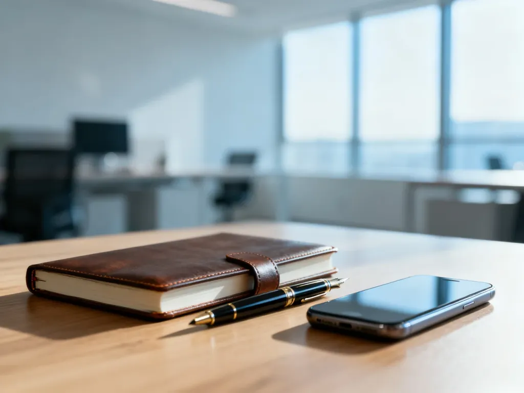Profesjonalne biurko z notatnikiem i długopisem, przygotowane do notatek podczas rozmowy kwalifikacyjnej.